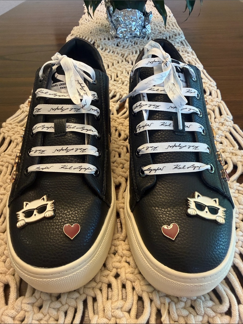 Karl Lagerfeld Women’s Black Leather Cat & Heart Lace-Up Sneakers